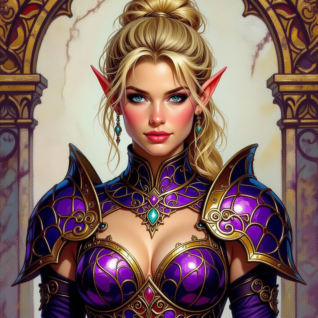 Elven Woman in Stained Glass Armor