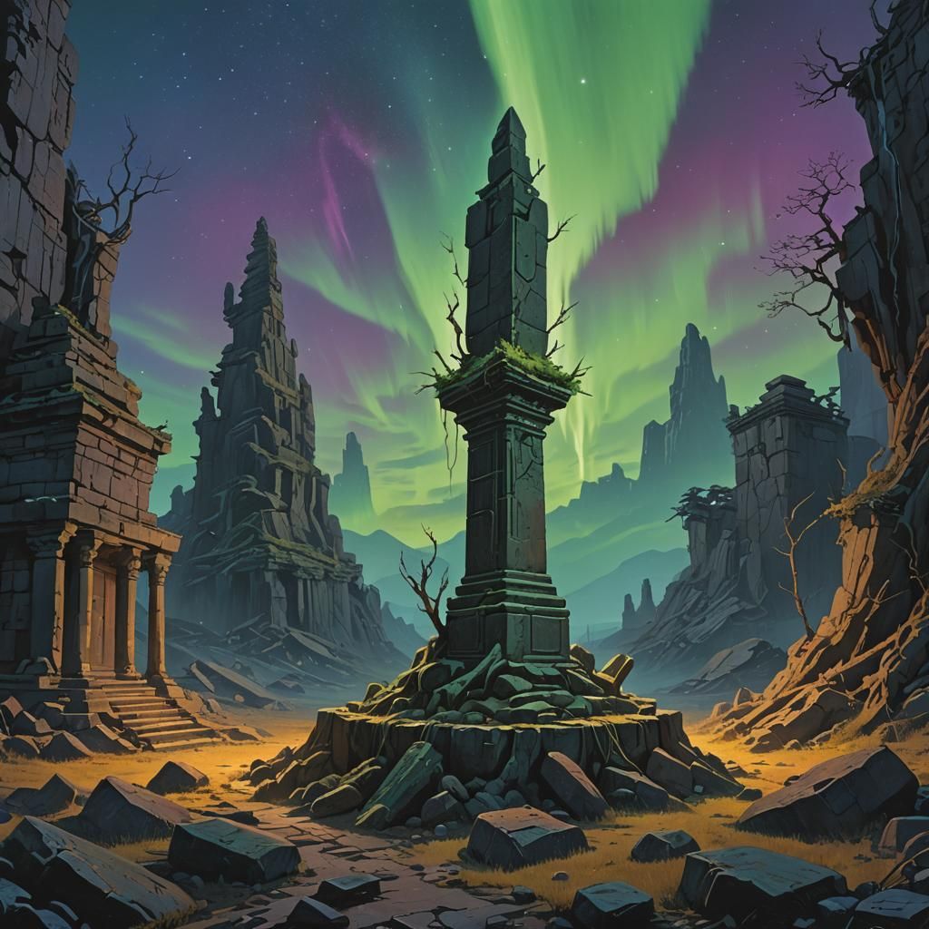 Ancient Dagger Under Aurora in Post-Apocalyptic Ruins
