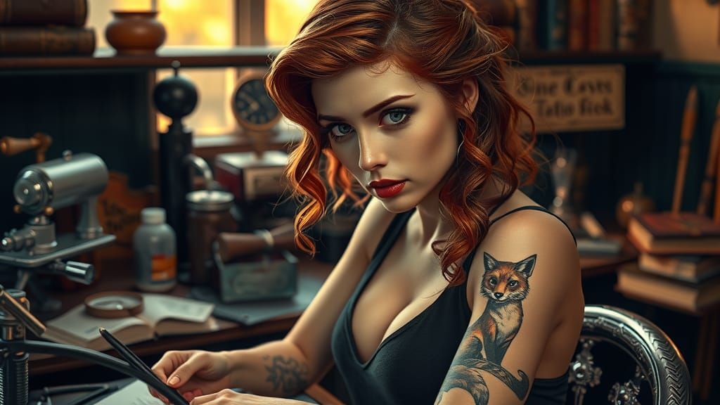 Alluring Tattoo Artist in Vintage Studio, Art Nouveau Style
