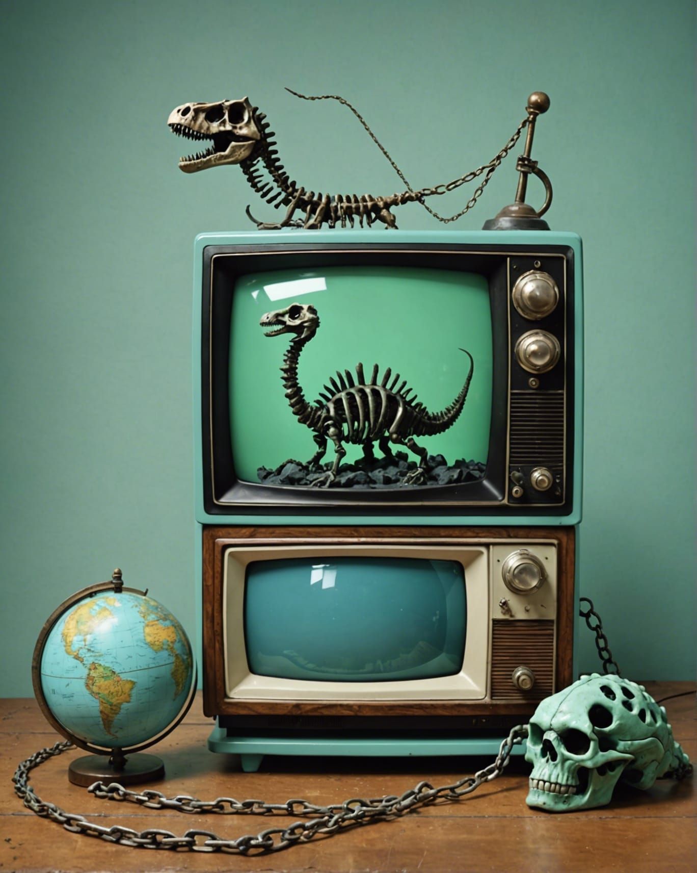 Vintage TV and Dinosaur Skeleton in Smoke