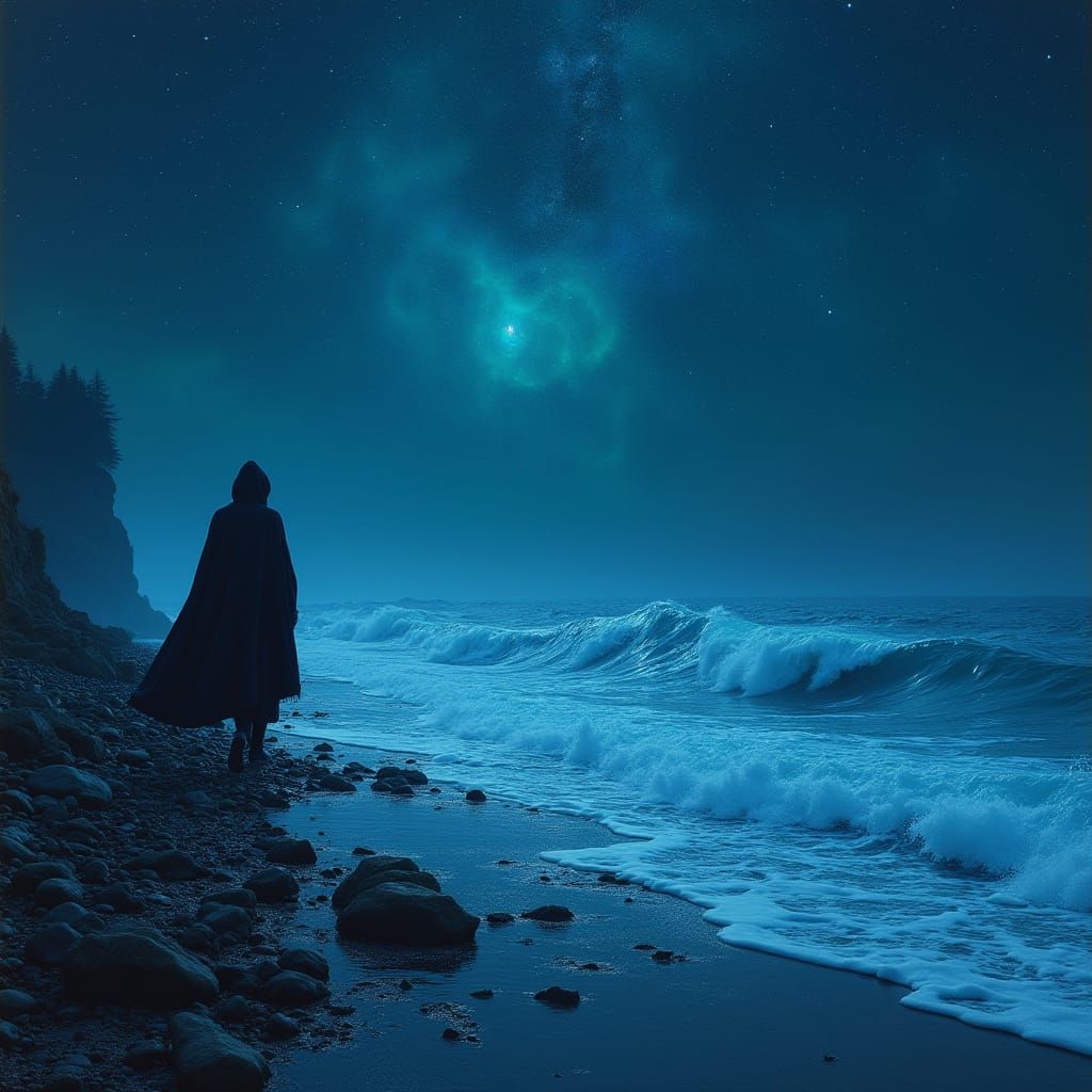 Bioluminescent Waves at Night: Dreamy Surreal Scene