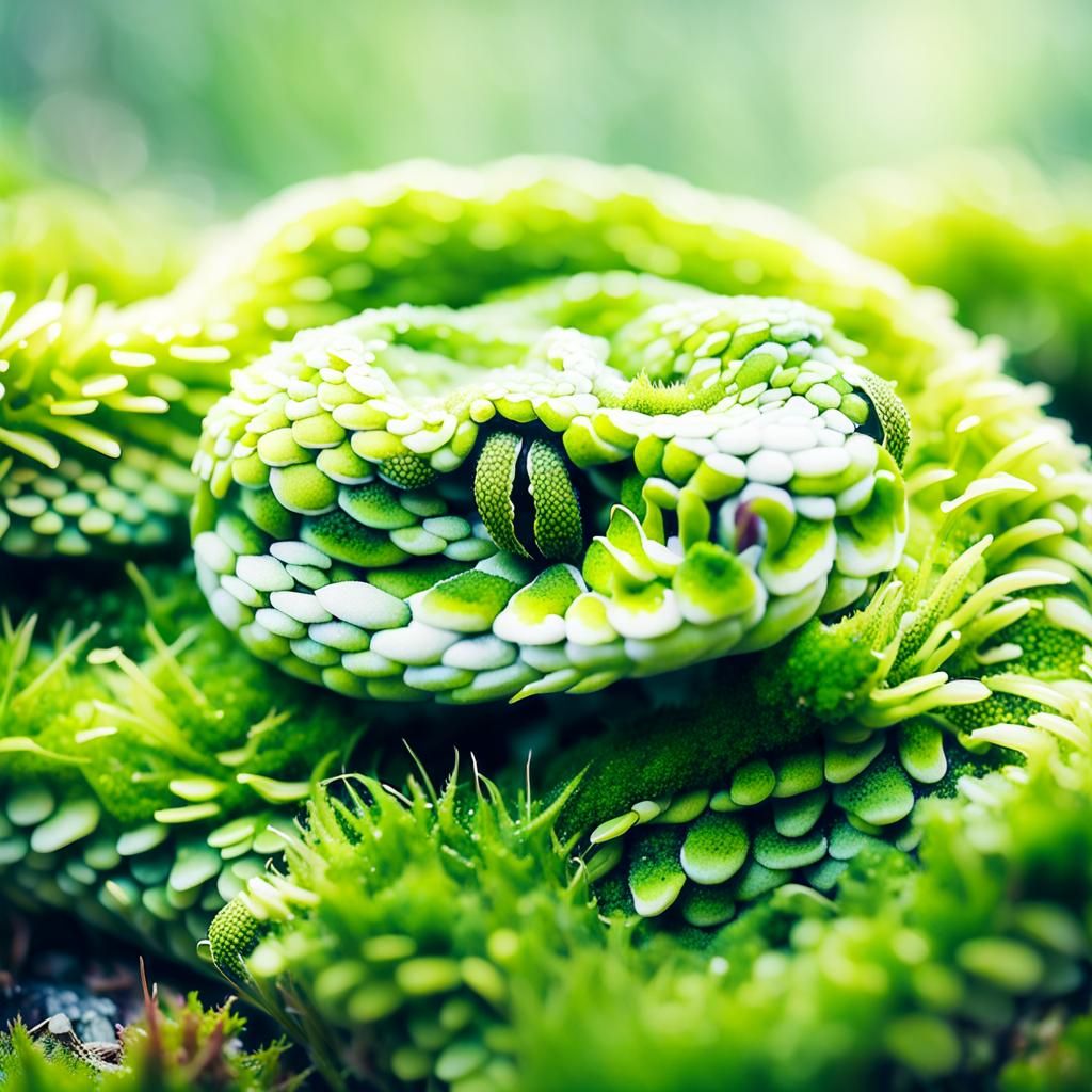 Fuzzy Green Moss Snake Portrait in Watercolor Style