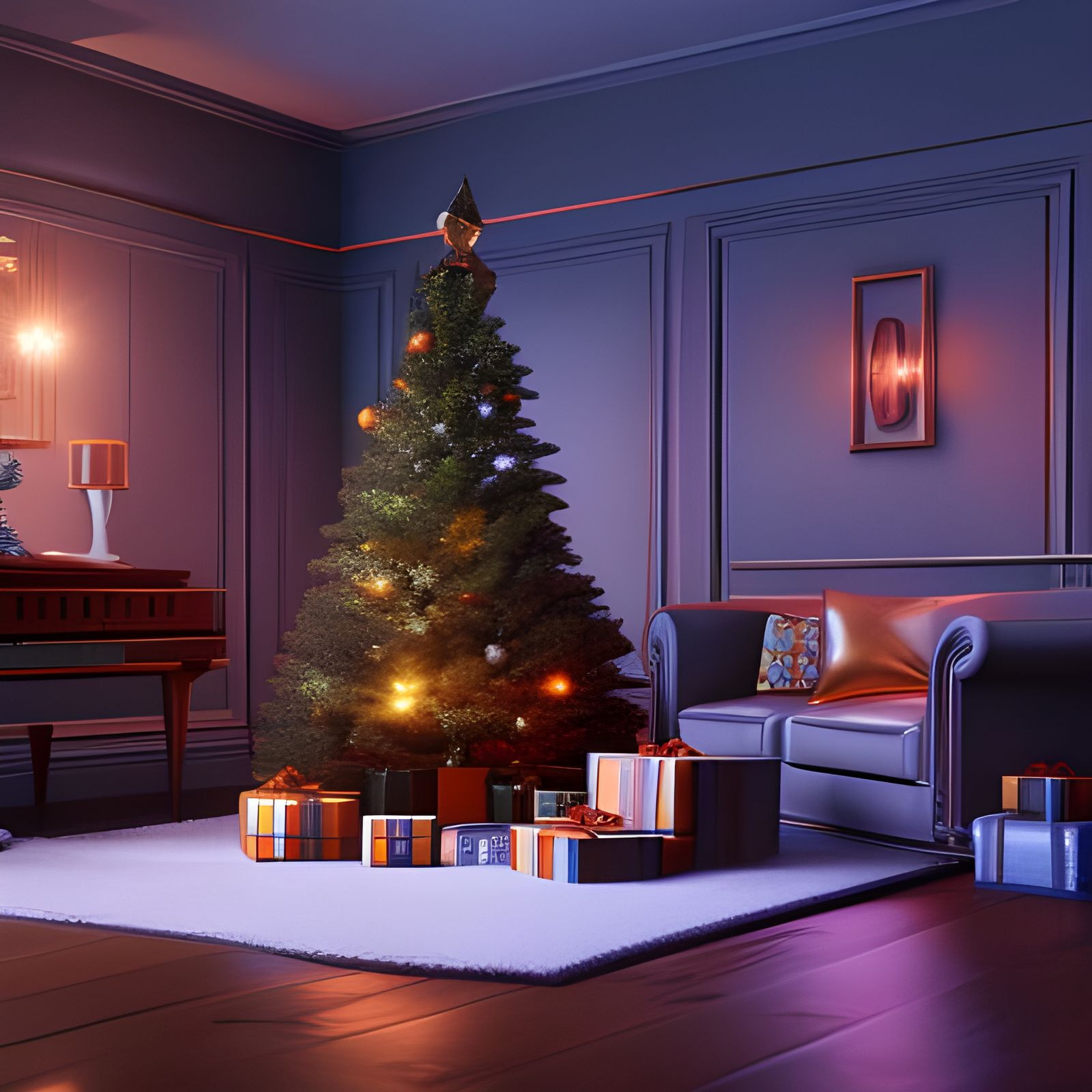 Ornate Christmas Tree in Hyperdetailed Living Room