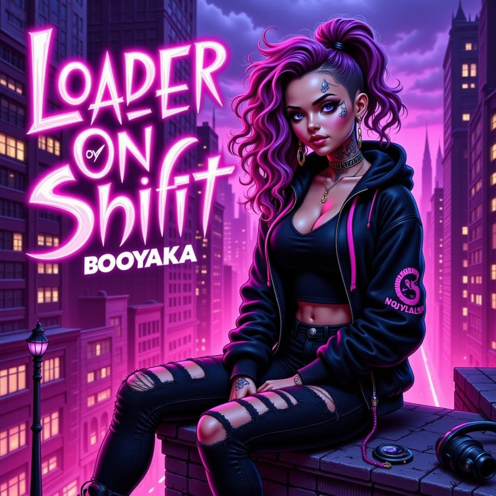 Hispanic Woman Overlooking Neon City at Night