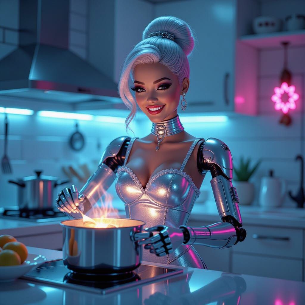 Cyber Doll Cooks in Neon Kitchen
