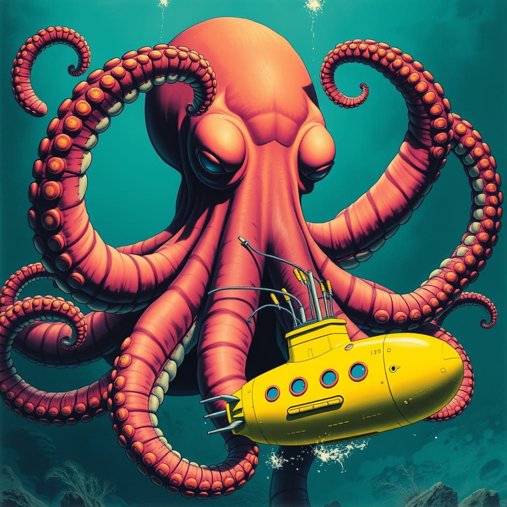 Giant Octopus Attacks Yellow Submarine in Futuristic Style