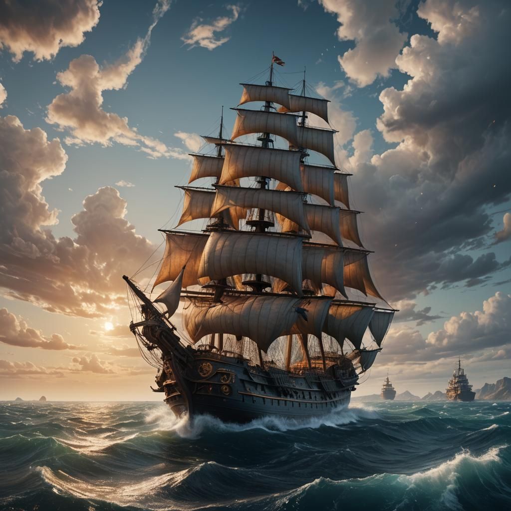 Ship Sailing into Horizon: Detailed Matte Painting