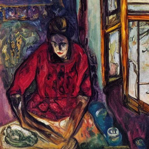 Woman by Window in Expressionist Oil Painting