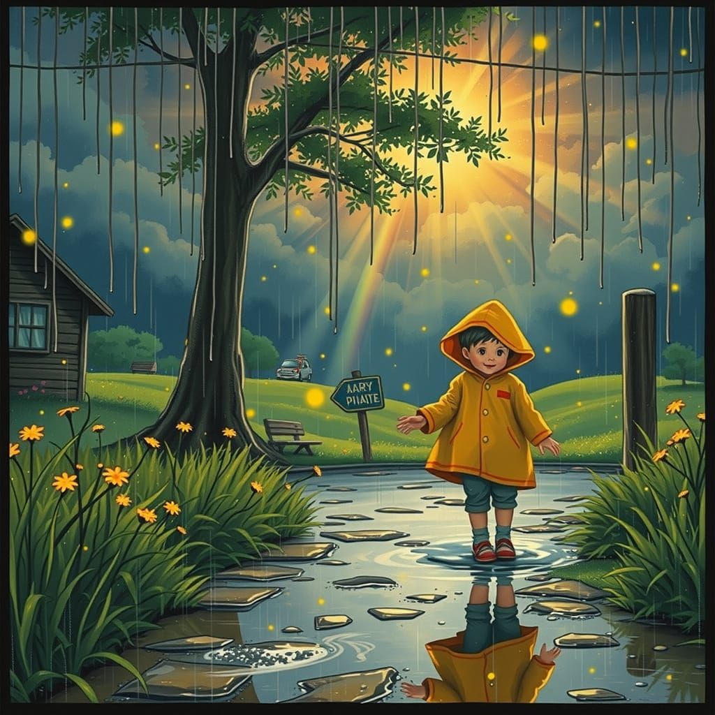 Child in Raincoat: Whimsical Summer Day