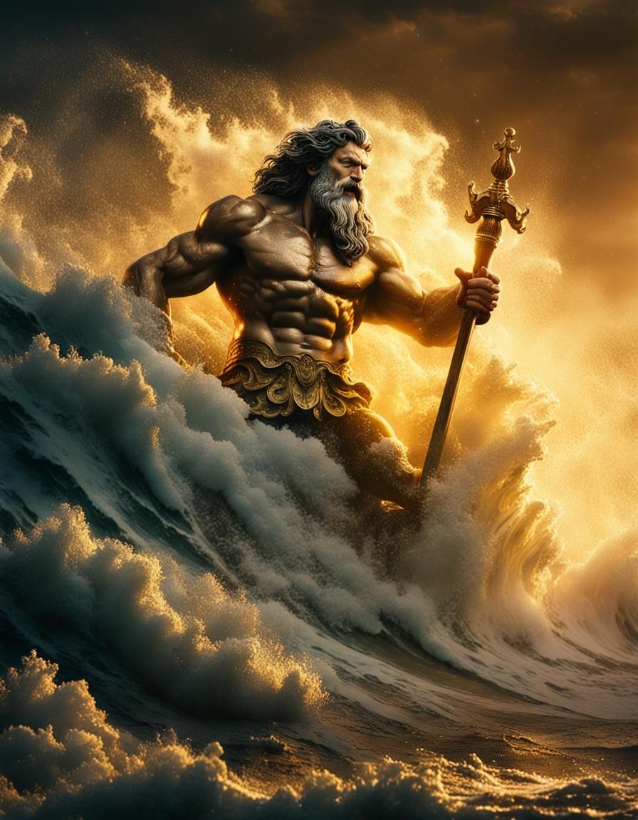 God of the Ocean Emerges from Turbulent Waves in Golden Ligh...