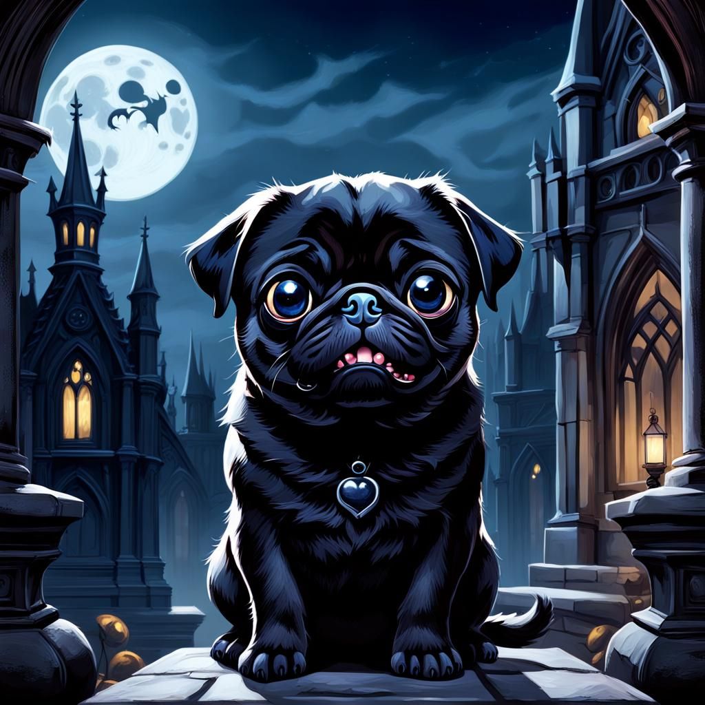 Gothic Vampire Pug Puppy in Detailed Digital Painting