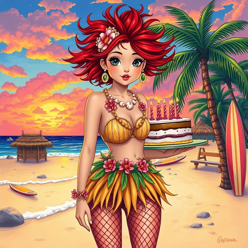Whimsical Hawaiian Woman with Birthday Cake in Gouache Style