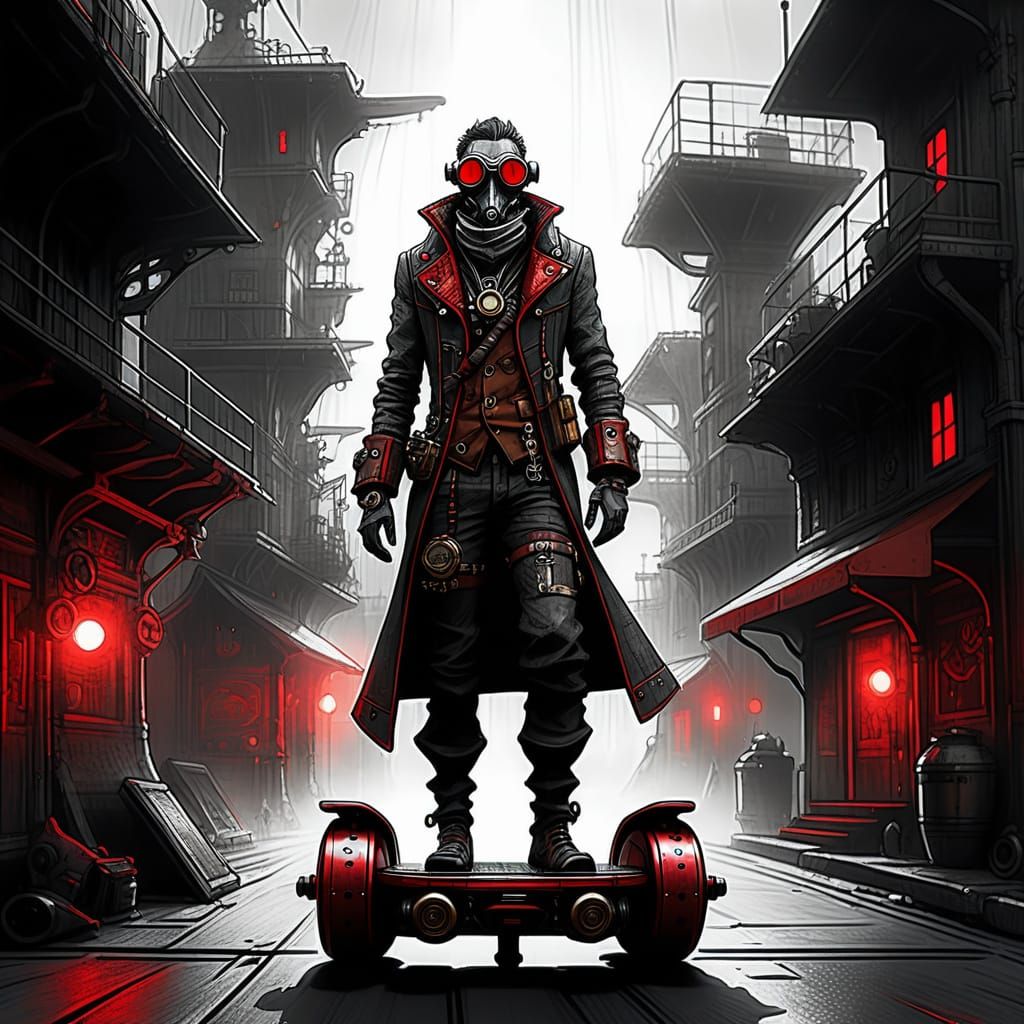 Steampunk Jester Soars on Hoverboard