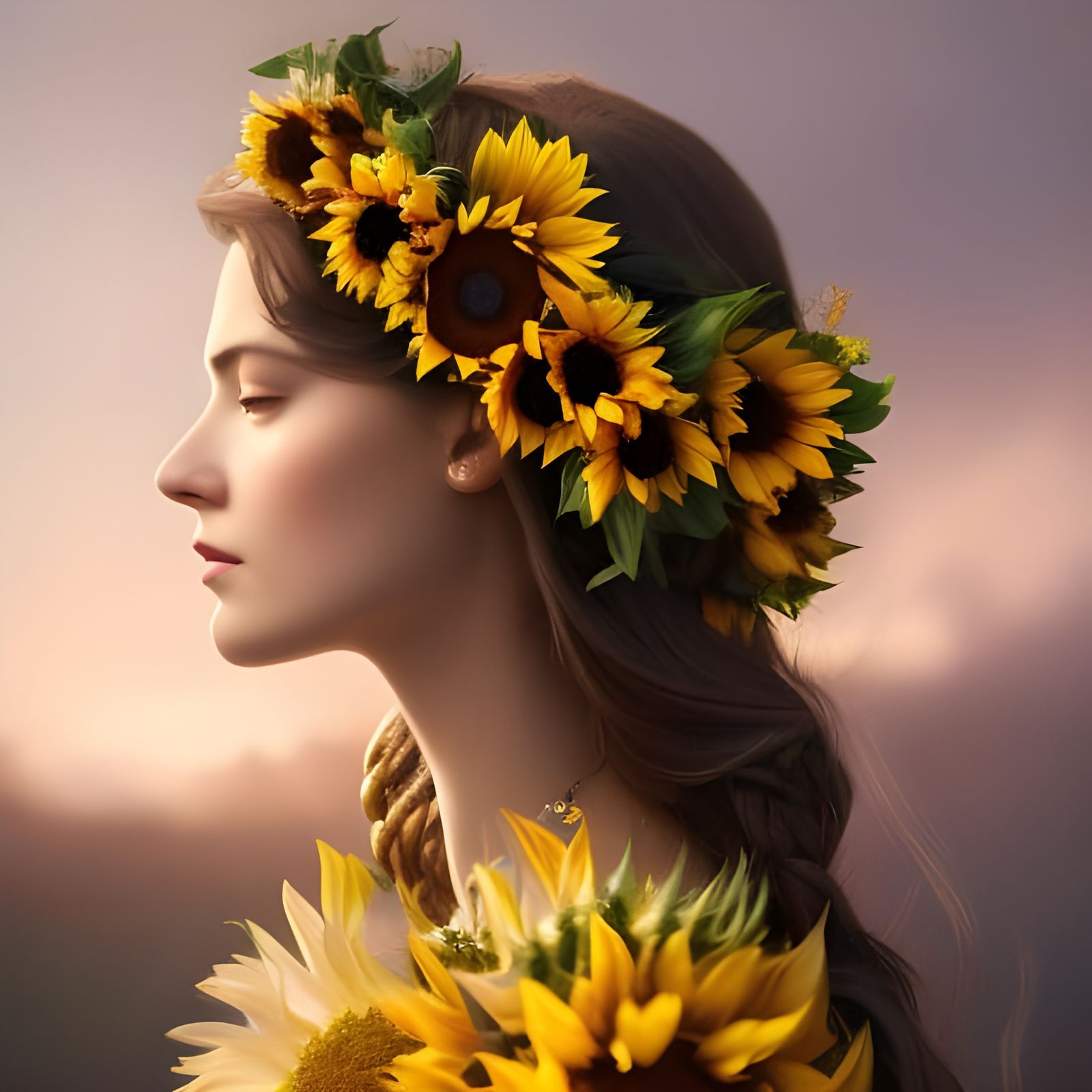 Sunflower Woman Portrait in Hyperdetailed Style