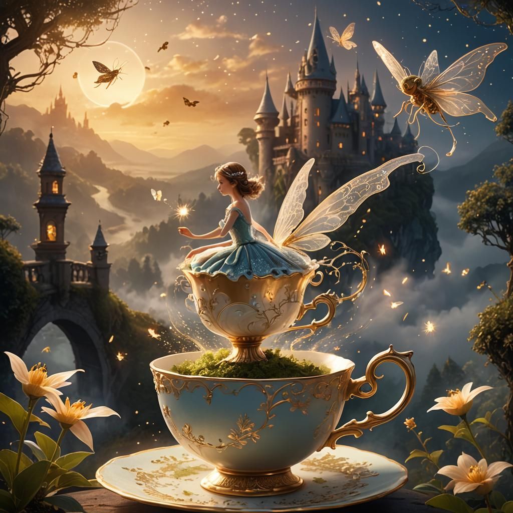 Fairy on Teacup with Castle: Digital Matte Painting