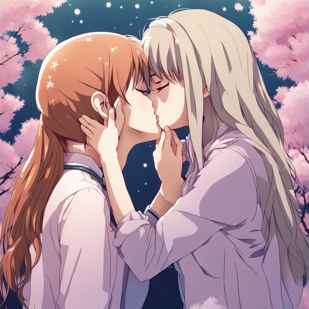 Anime Girls Kissing in Manga Style