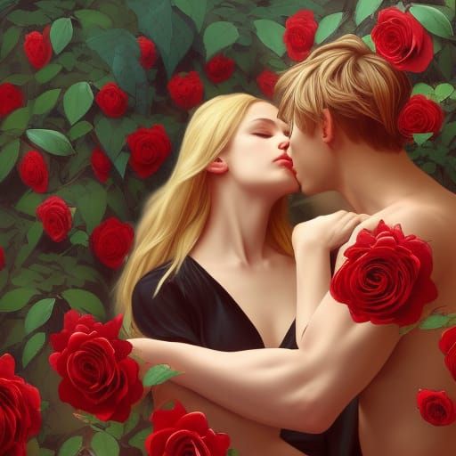 Passionate Kiss Surrounded by Roses: Detailed Portrait
