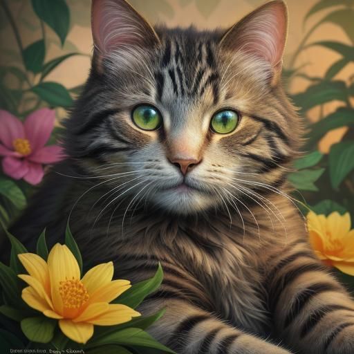 Majestic Plant Cat with Teddy Bear in Hyperrealism