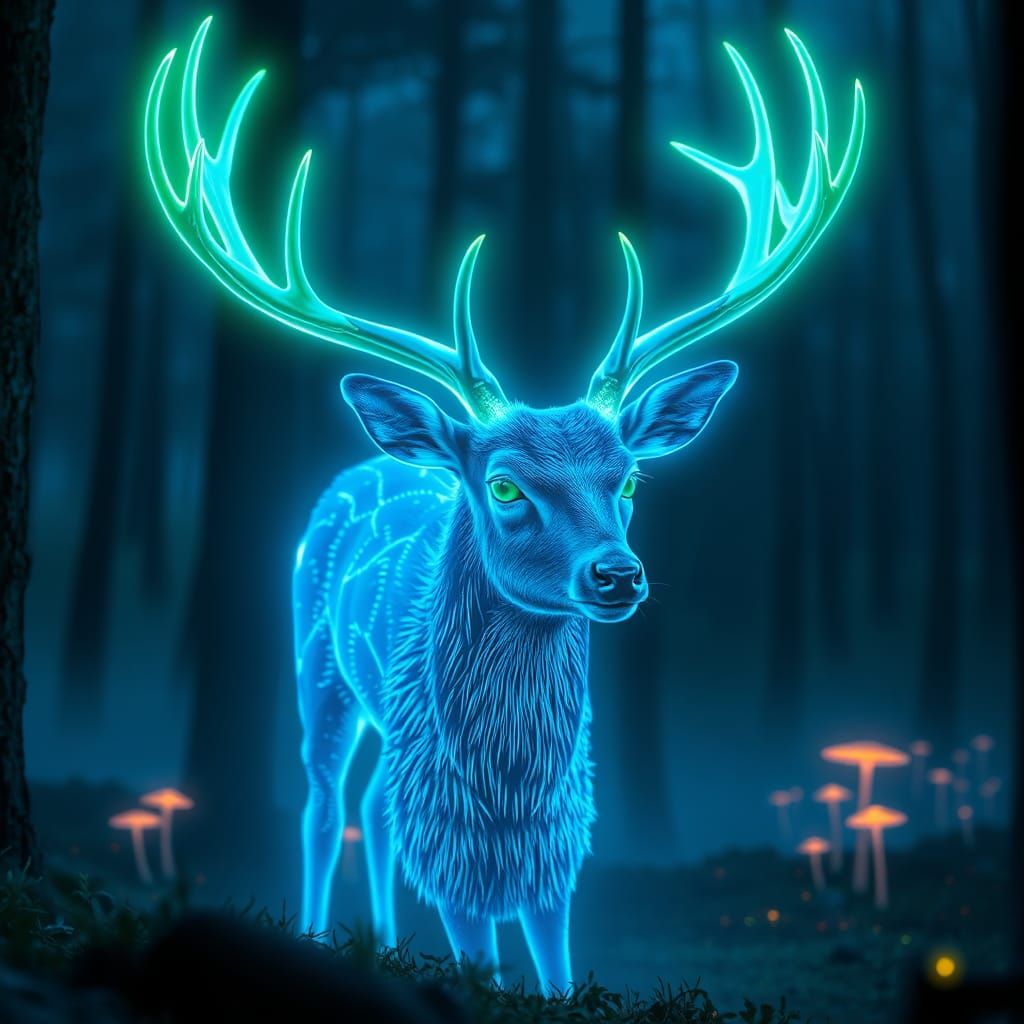 Electric Blue Deer in Neon Forest