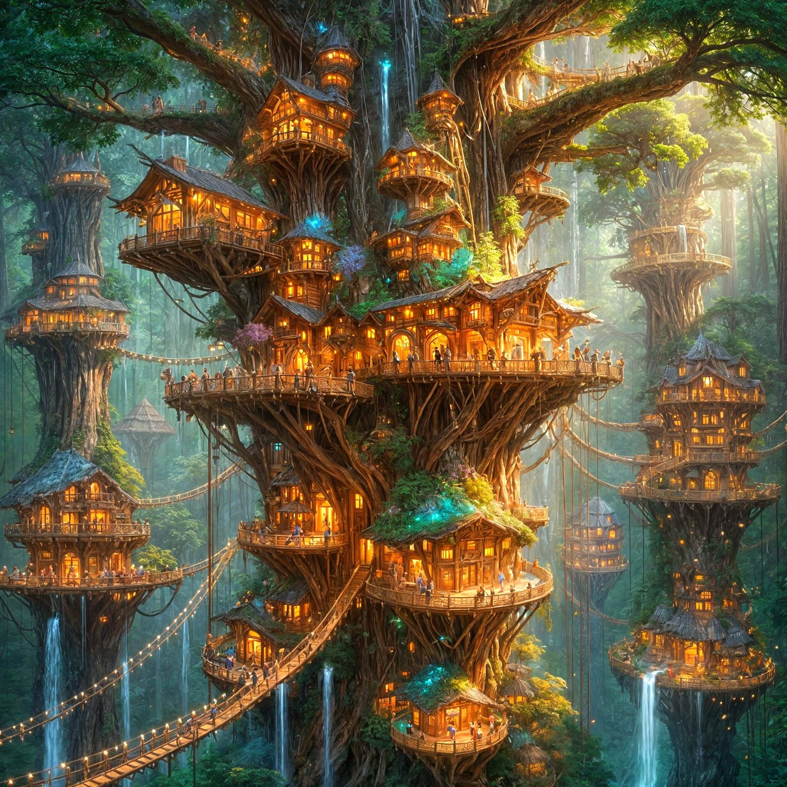 Bioluminescent Treehouse Metropolis in Ancient Redwood