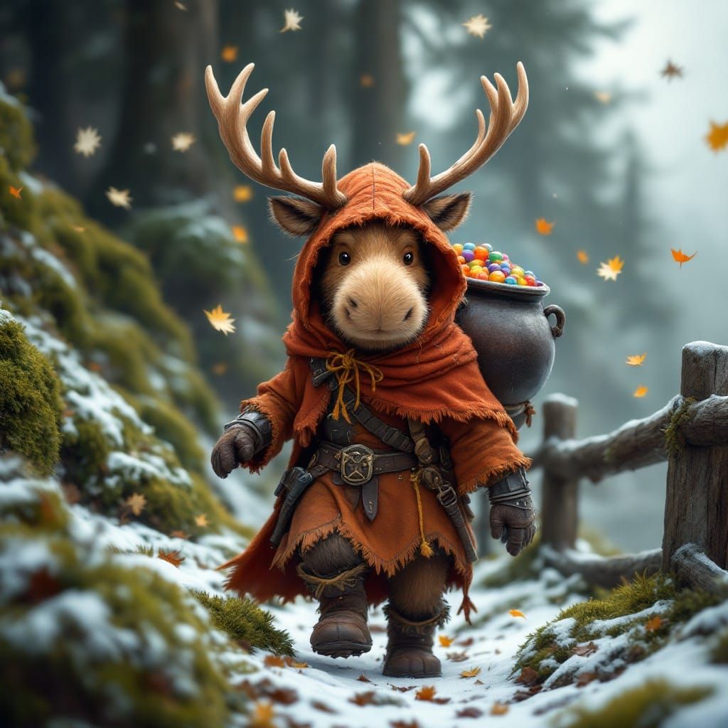 Moose in Regal Attire Embarks on a Winter Quest