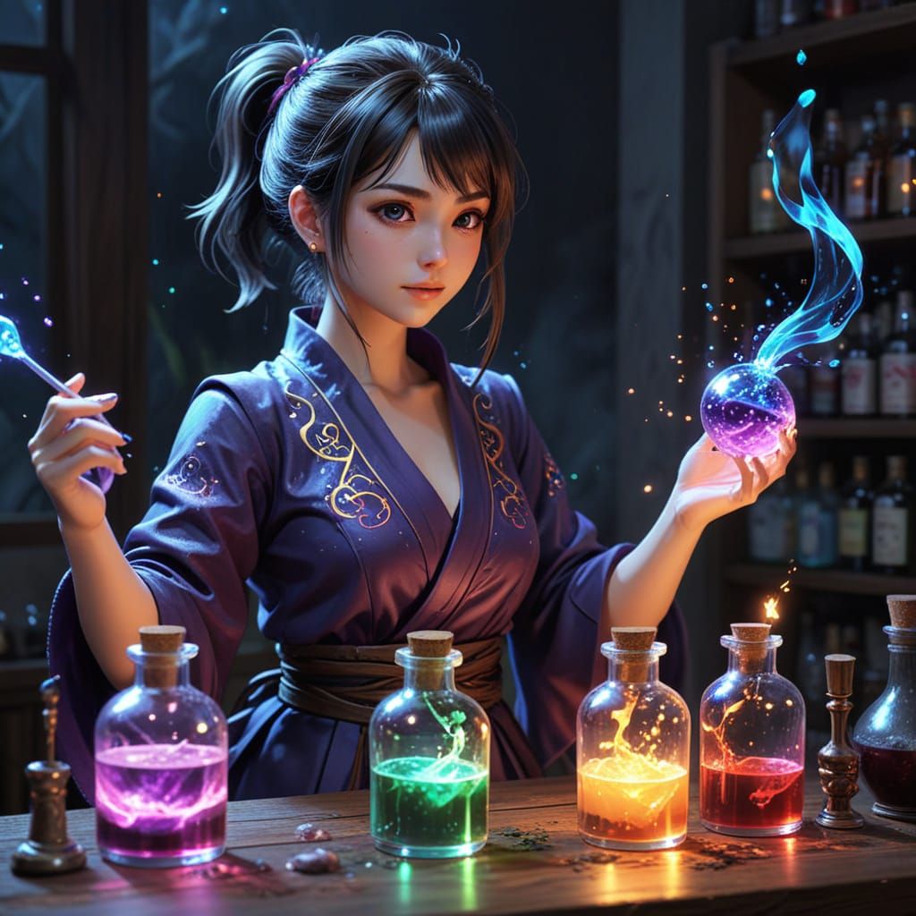 Anime Girl Tests Magical Potions with Various Effects