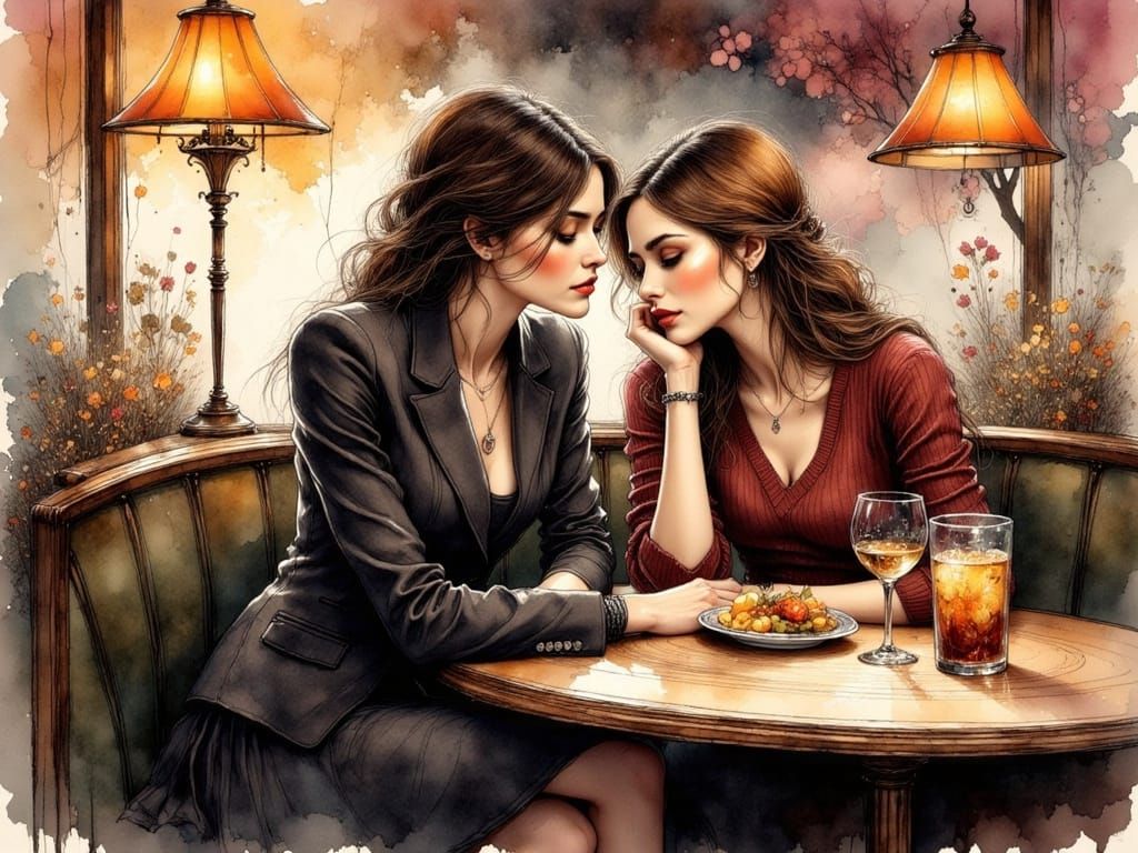 Cynthia Watros at a Cozy Restaurant, Ink Art Style