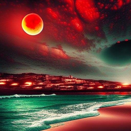 Glowing Town on Beach with Blood Moon