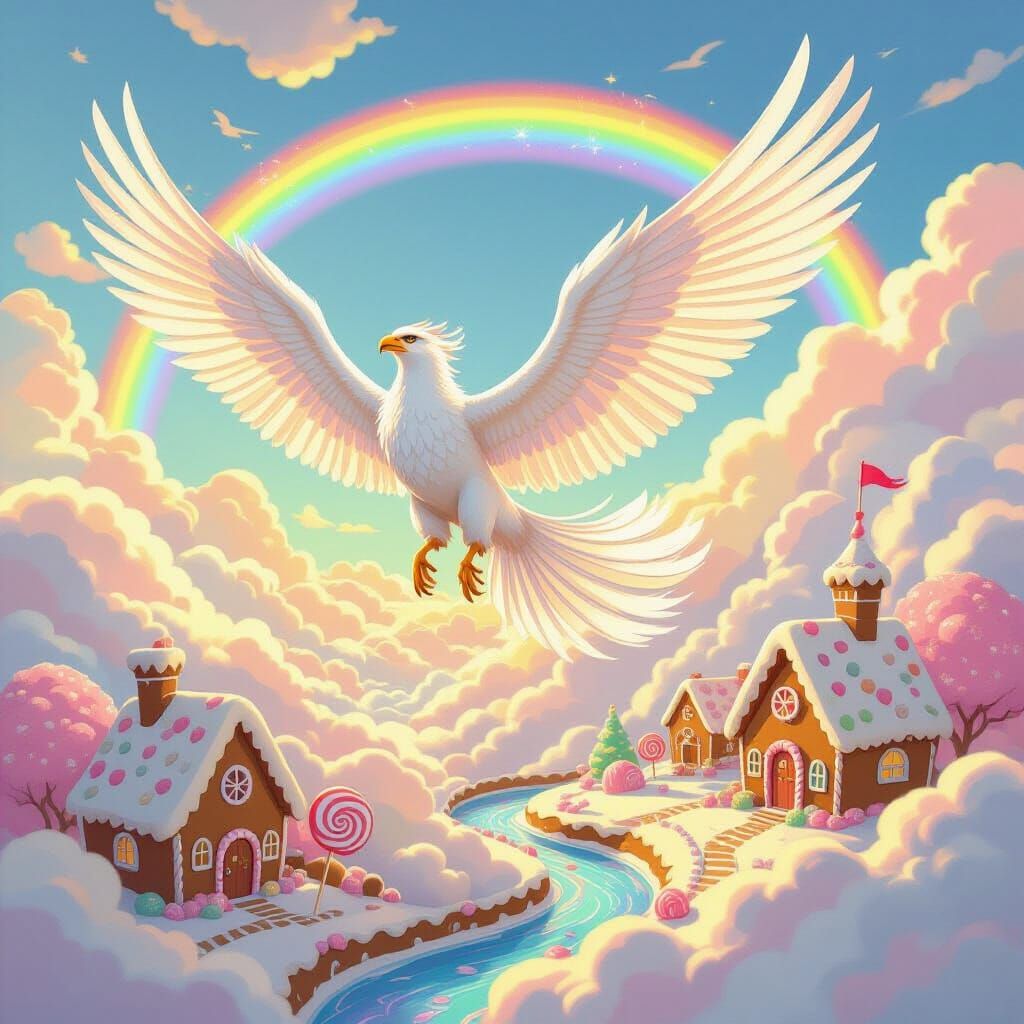 Griffin Soaring Over Candy Kingdom, Fantasy Art