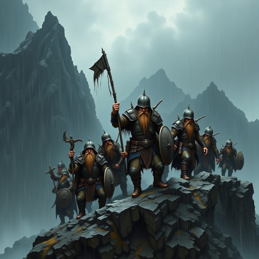 Dwarf War Party Climbs Mountain in Heavy Rain