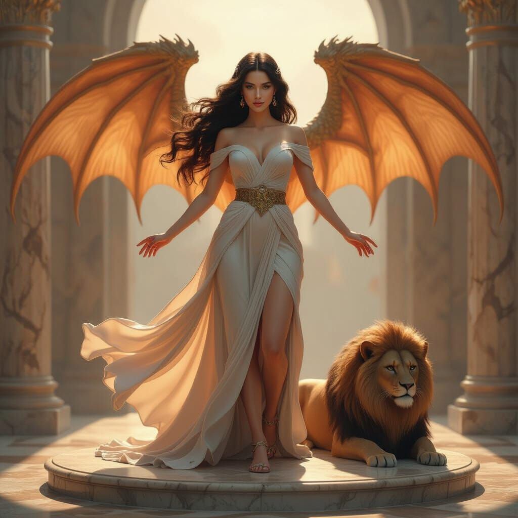 Eurasian Woman with Dragon Wings in Neo-Classical Style