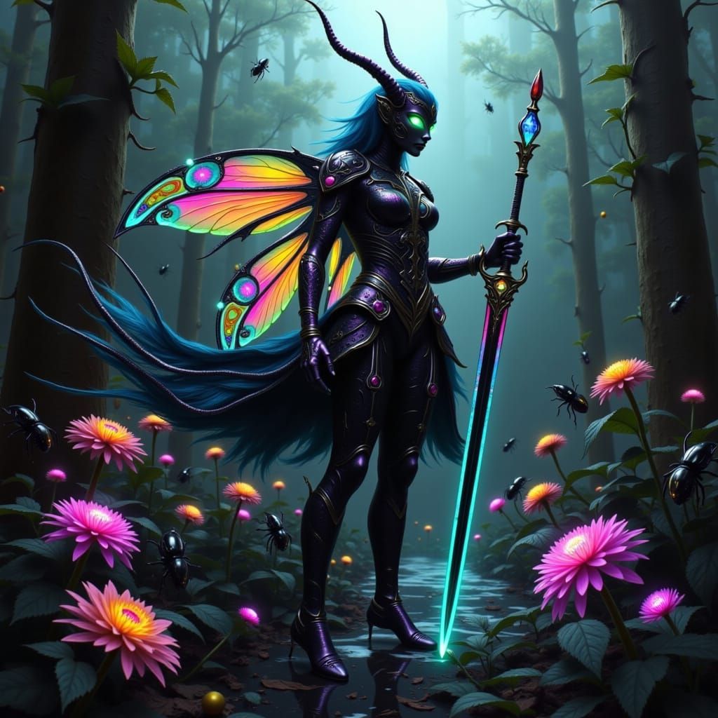 Harlequin-Beetle Fae Queen in Neon Noir Style