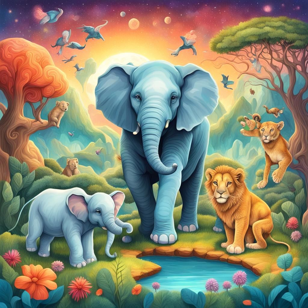 Magical Fairytale Friends: Elephant and Lion Illustration