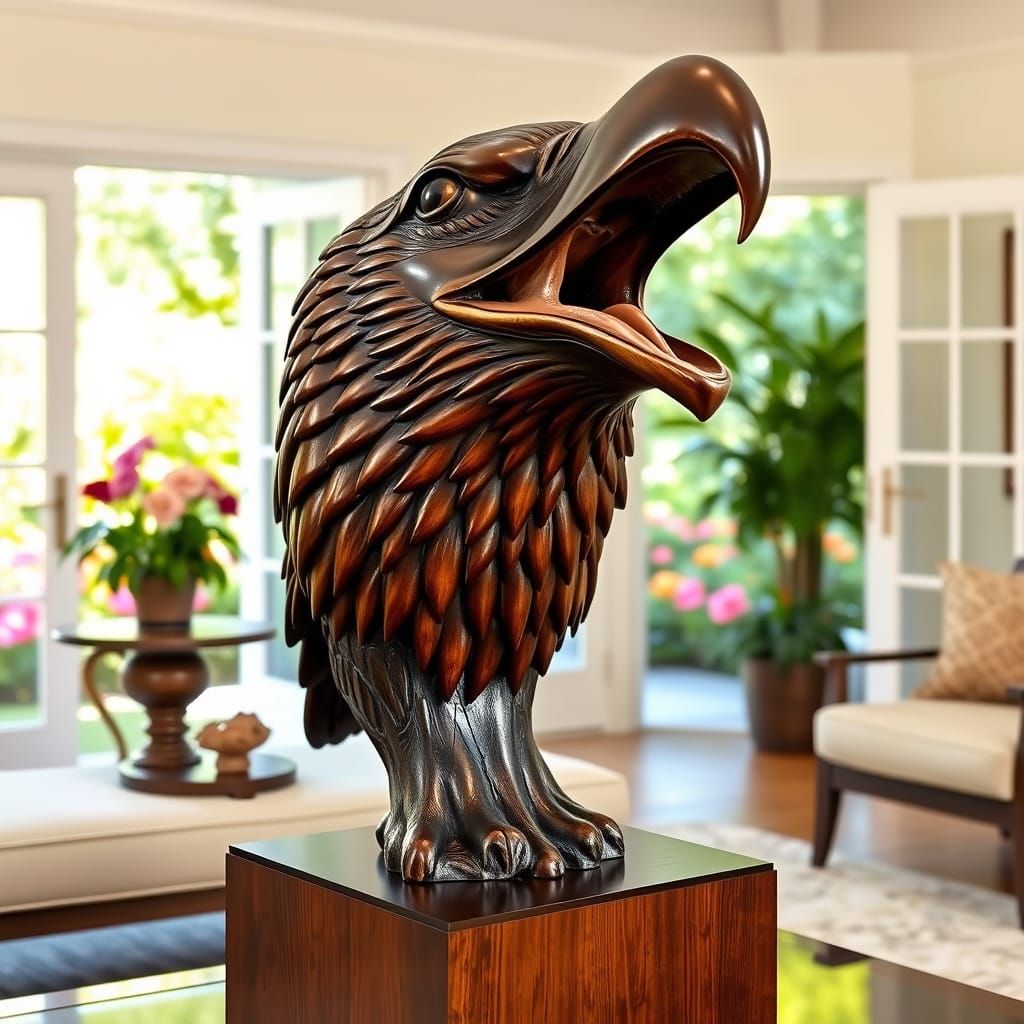 Detailed Wood Carving of an Eagle Head Sculpture