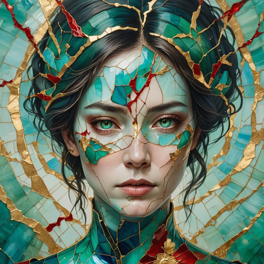 Kintsugi Woman Portrait with Bioluminescent Eyes