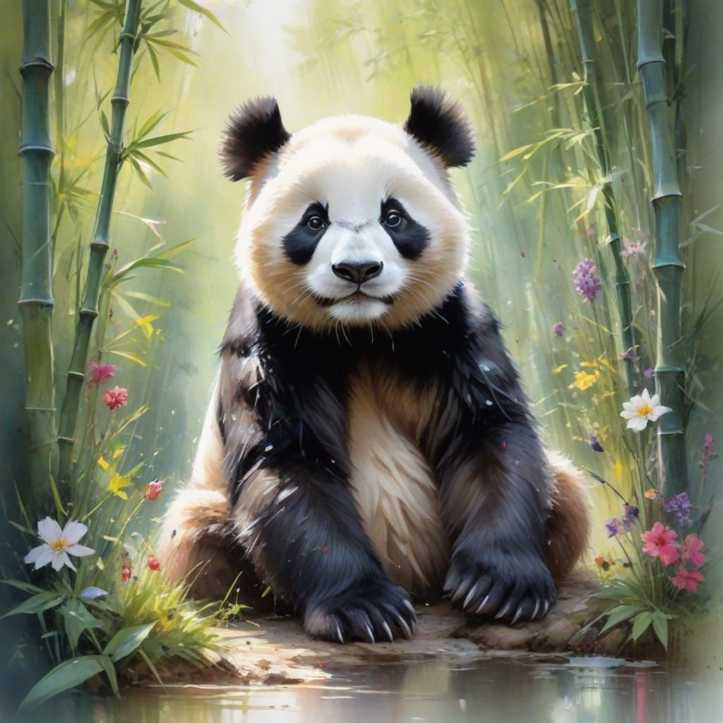 Adorable Panda on Sunlit Bamboo Path