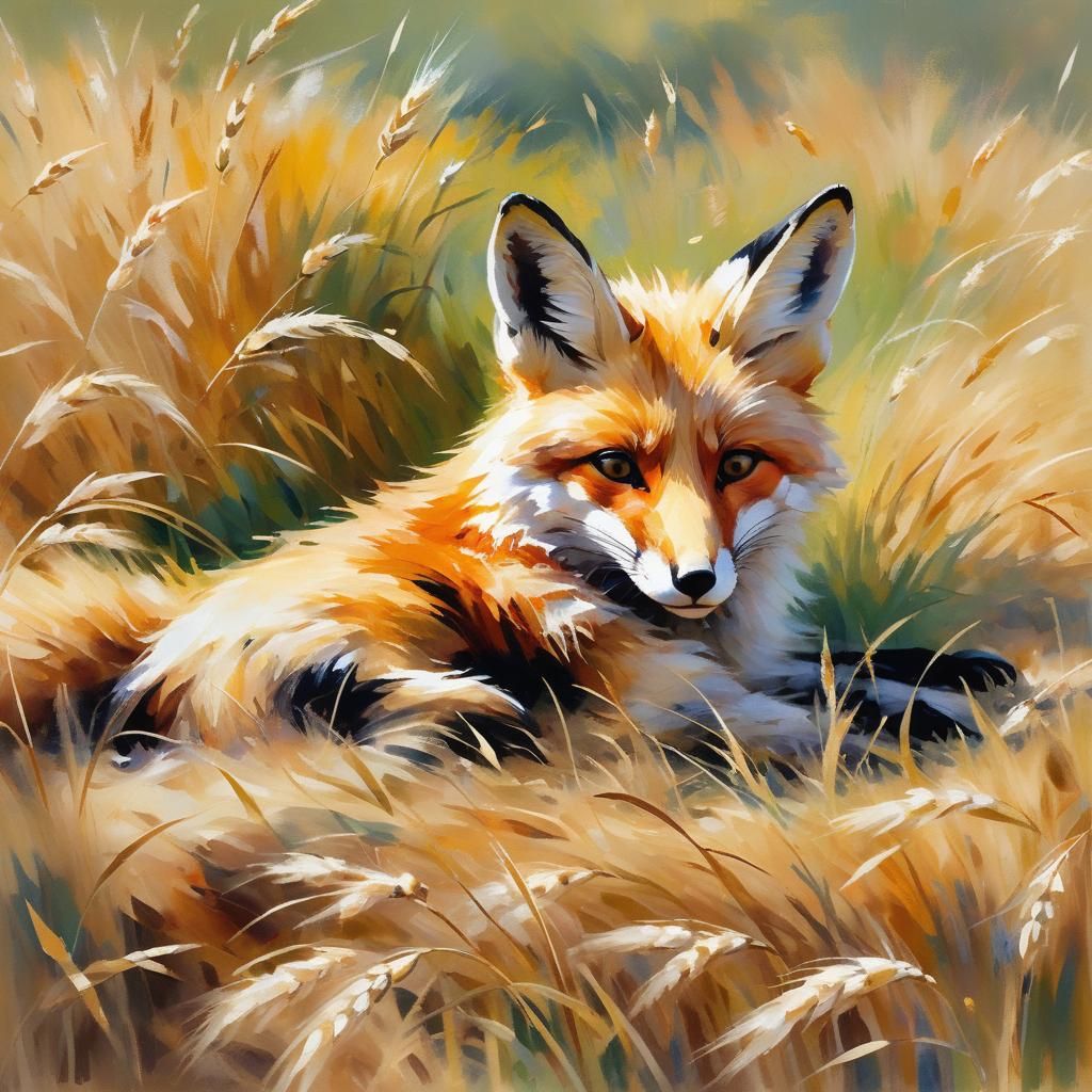 Impressionist Fox in Wheat Field Painting