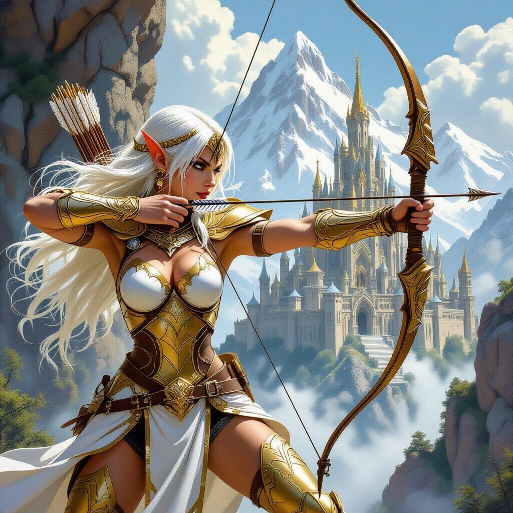 Elven Archer in Golden Armor with Gothic Castle