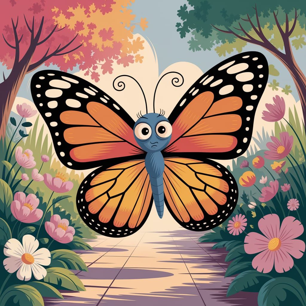 Confused Butterfly in Lush Garden Illustration