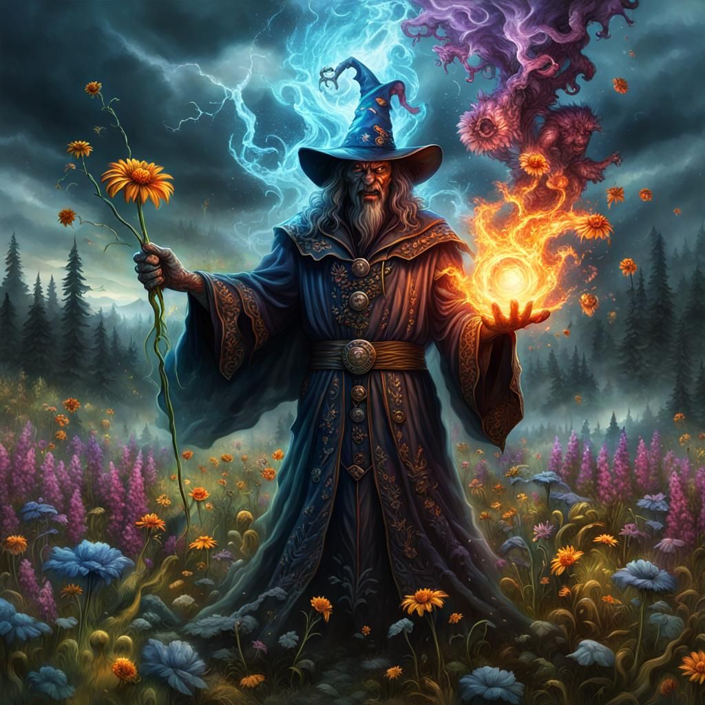 Creepy Demon Wizard Casting Spell in Flower Meadow