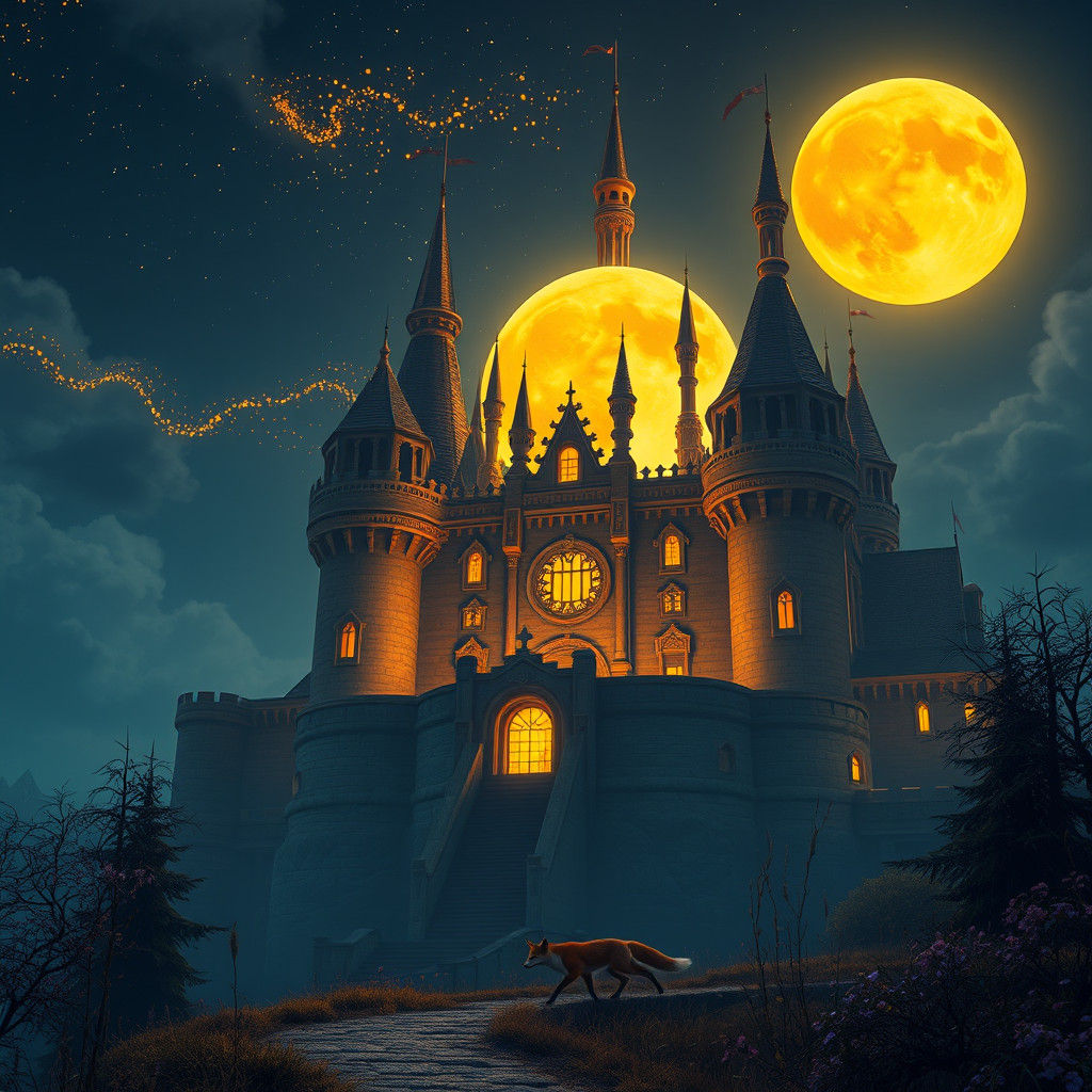 Magical Castle with Fox and Yellow Moon