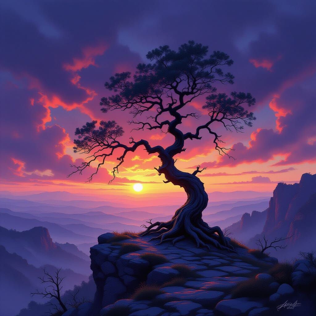 Ancient Tree on Rocky Outcrop at Sunset