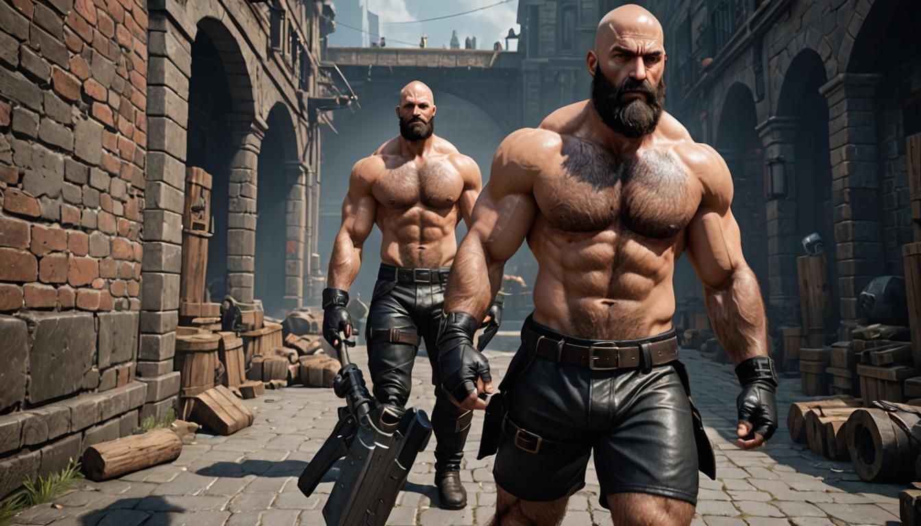 Hairy, Bearded Man in Leather Boxer Shorts