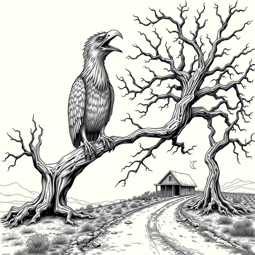 Grotesque Bird on Barren Tree: Bilibin-Inspired Art