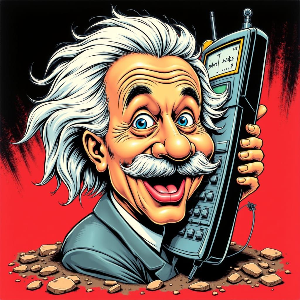 Einstein Head Cell Phone Caricature in EC Comics Style