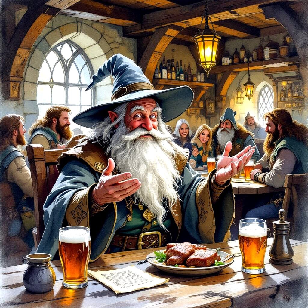 Wizard Telling Tales in Cozy Tavern, High Fantasy Art