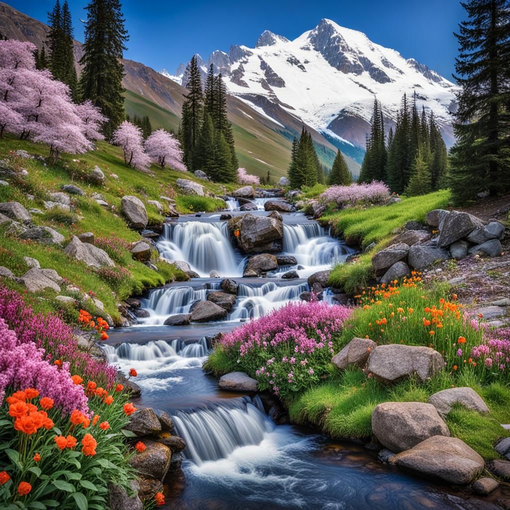 Snowy Mountain Landscape with Waterfall and Flowers
