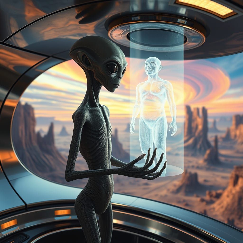 Ethereal Alien Examines Shimmering Human Hologram in Surreal...