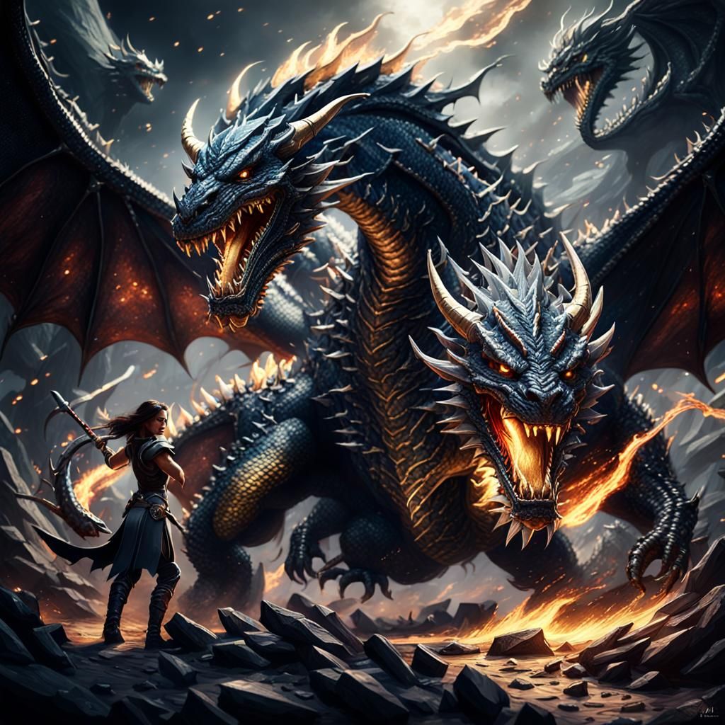 Warrior Woman Battles Dark Dragon in Cinematic Art