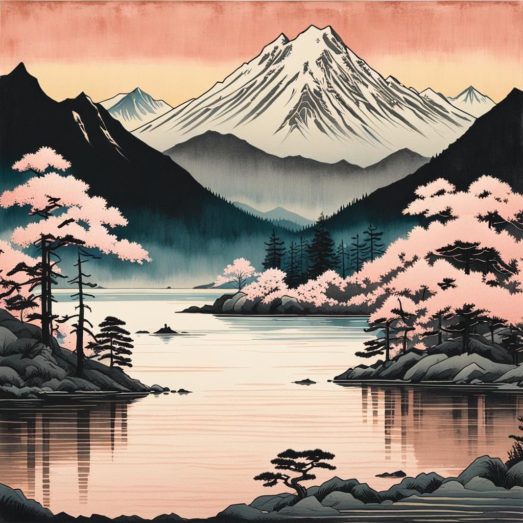 Ukiyo-e Mountain Landscape at Sunrise